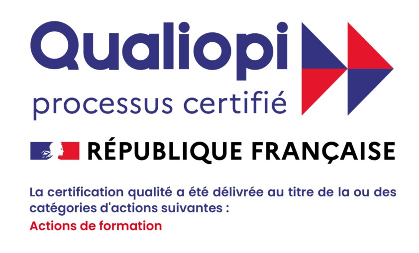 Qualiopi certification logo with 'processus certifié', 'RÉPUBLIQUE FRANÇAISE' text, a small French flag, and red 'Actions de formation' text.